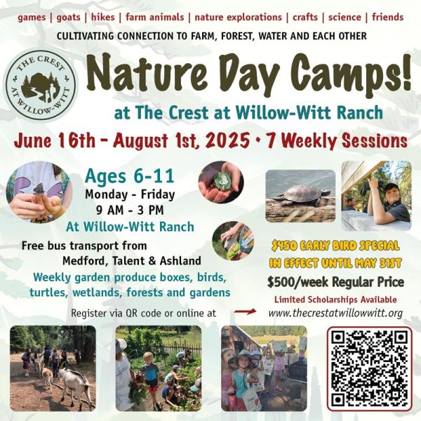 Nature Day Camps at The Crest at Willow-Witt Ranch for ages 6-11 from June 16 to August 1, 2025